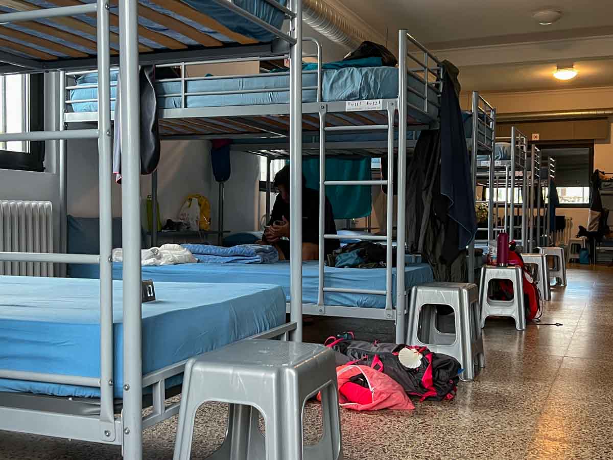 Lavacolla albergue near Santiago de Compostela. bunk beds and hiking gear