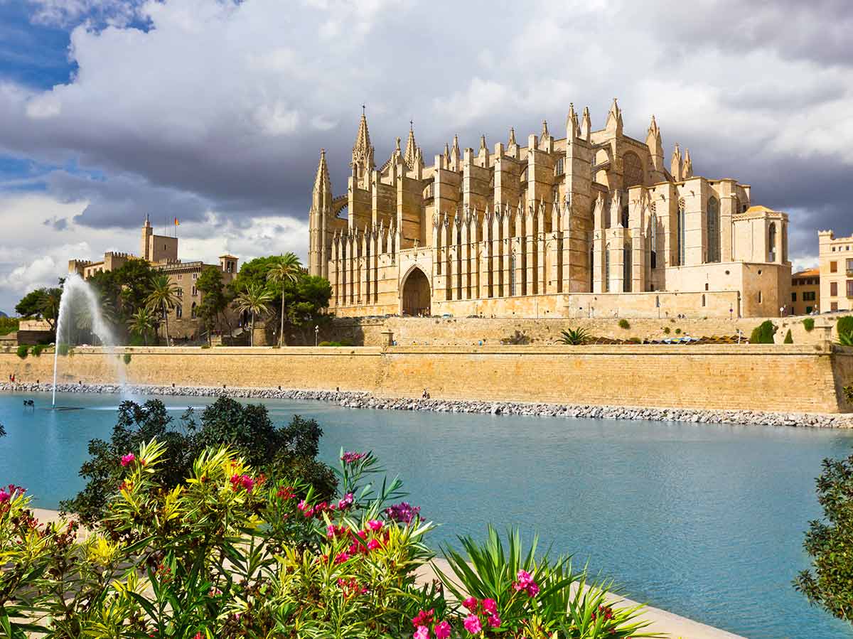 Palma de Mallorca cathedral, with ocean and beach