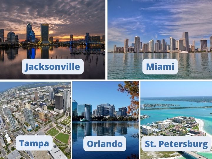 Florida cities: Jacksonville, Miami, Tampa, Orlando, St. Petersburg.