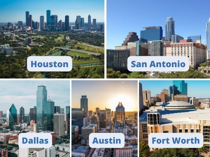Texas cities: Houston, San Antonio, Dallas, Austin, Fort Worth